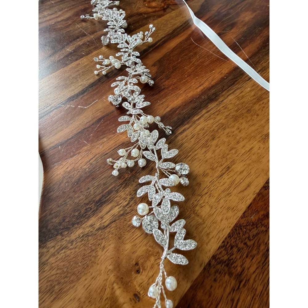 Silver Rhinestone Pearl Bridal Sash Wedding Hair Vine Floral Leaf Ribbon Bride - Picture 5 of 6